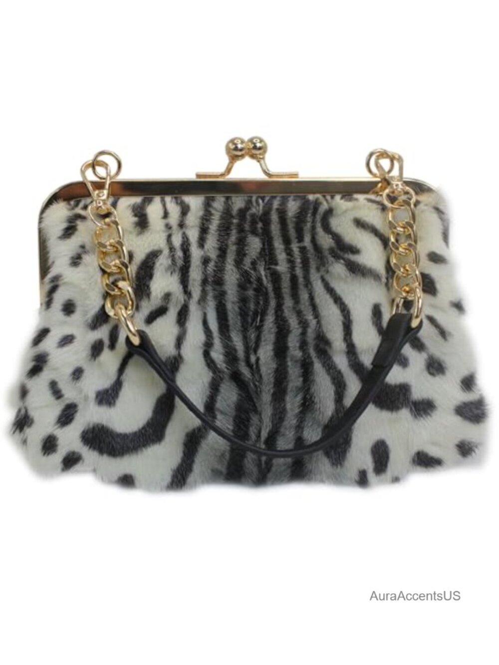 Genuine Mink Fur Leopard Print Kiss Lock Handbag Gold Chain Strap Small Purse